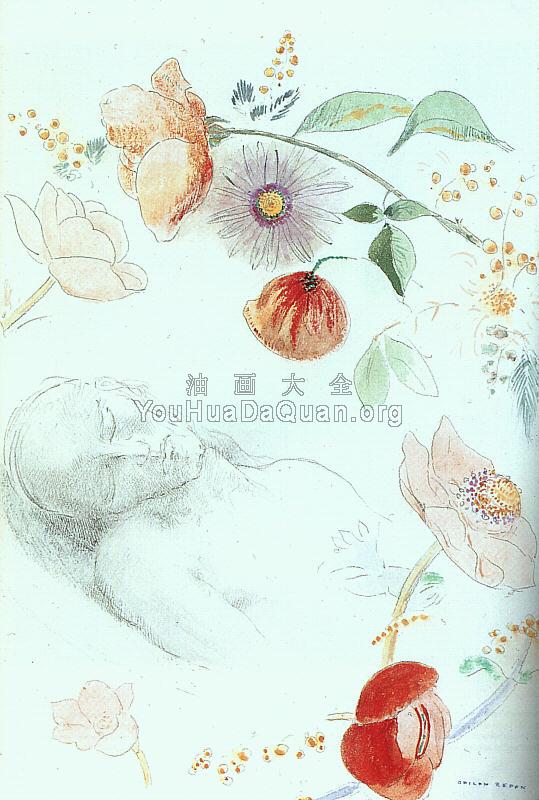 Bust of a Man Asleep amid Flowers - 奥蒂诺·雷东